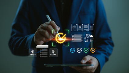 Businessman using digital certification and quality assurance interface. Concept of standardization, compliance, document approval, verified checkmark, audit process, and digital validation system.