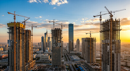 Panoramic view of city construction site with cranes building new skyscrapers at sunset urban development real estate investment architecture growth industry