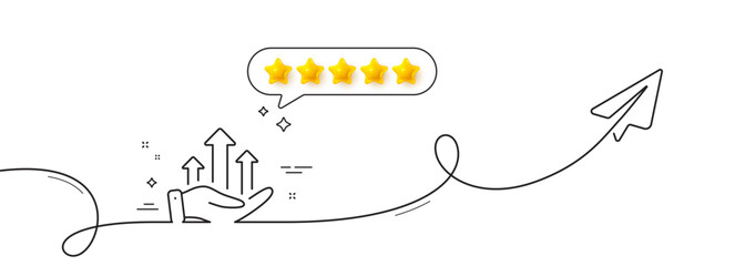 Growth chart line icon. Continuous line with share plane. Money profit sign. Investment symbol. Five star rate review in speech bubble. Growth chart single line ribbon. Loop curve pattern. Vector