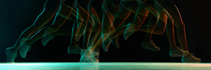 Dynamic runner motion trail with multicolor neon shift. Concept of speed analytics, athletic technique studies, performance tracking, and modern sports-science visuals full of kinetic energy. Banner