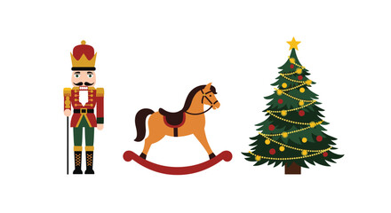 Collection of classic Christmas toys including a nutcracker, rocking horse, and decorated tree.