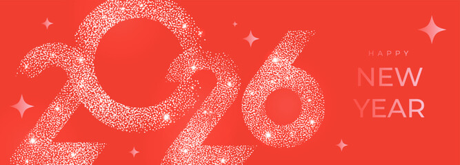 Happy New Year 2026 beautiful sparkling design of numbers and stars on bright red background. Modern winter holiday greeting banner, poster or greeting card template.