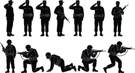 Collection of army soldier silhouettes in uniform, saluting, and in various combat poses with rifles, helmets, and backpacks. Vector set.