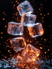 Floating ice cubes illuminated by warm orange light and shimmering particles against a dark background.