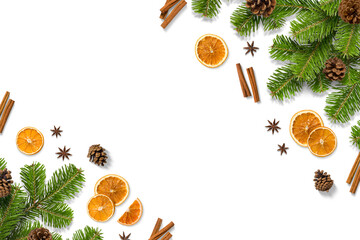 Christmas composition with green fir branches, dried orange slices, cinnamon sticks, anise and pine cones isolated on a transparent background. Perfect for Christmas and winter designs.