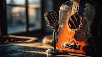 Vintage microphone and acoustic guitar setting concept. Vintage microphone and guitar in a cozy, sunlit setting.