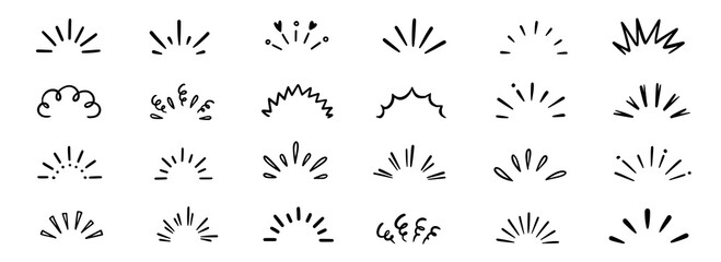 Hand drawn line art bursts with surprise rays and sparkles. Doodle hand drawn starburst icons shine bright. Surprise shapes for comic effects, manga splash, cartoon decorations. Vector illustration