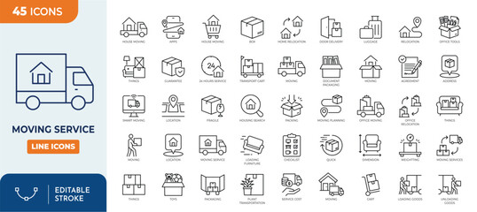 Moving Service line editable icon set. Contain icons relaed to Moving house services, packing, loaders, office moving, freight transportation, and more. Editable stroke. Vector illustration