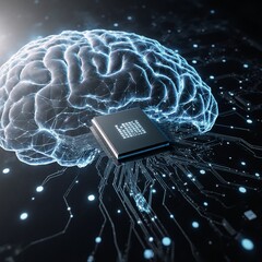 Futuristic digital landscape depicting brain-inspired AI microchip technology