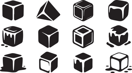 Collection of twelve black and white ice cube icons in various melting stages frozen cold