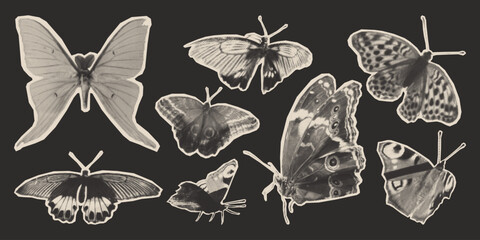 Halftone butterfly collage in grunge vintage monochrome on dark background. Retro sticker set with detailed insects - moth with dotted wings for scrapbook decoration. Y2k newspaper photocopy cutouts.