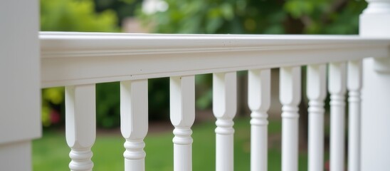White wooden railing with balusters in a lush green garden setting.