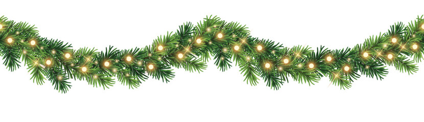 Seamless decorative vector christmas border with coniferous branches and garlands of christmas lights on transparent background