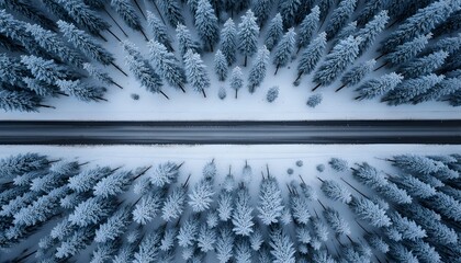 Aerial view of a road cutting through a dense, snowcovered evergreen forest