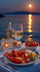 Futuristic geometric minimalism - Romantic Sunset Dinner with Lobster and Wine by the Sea - abstract composition