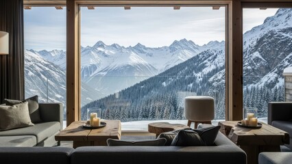 Cozy modern living room with large windows overlooking majestic snowy mountain range
