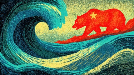 indie california flag illustration, california bear flag in risoprint-style with layered vivid inks, grainy texture, print imperfections, retro indie zine energy, rough texture, red star and stripe