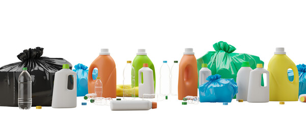 Assorted plastic bottles and colorful trash bags isolated on white background, 3D Rendering, concept of recycling, cleanliness, and waste sorting