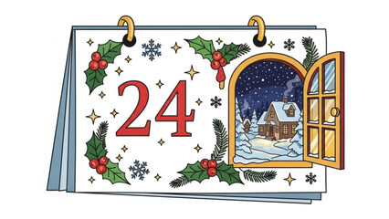Christmas advent calendar page showing the 24th day with a cozy winter scene of a snow covered house viewed through an open window surrounded by festive holly and snowflakes
