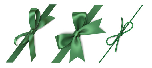 Set of diagonally decorative green bow with ribbon isolated on white. Beautiful Spring or Christmas decoration holiday decoration. Vector stock illustration.