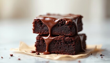 Rich chocolate brownie slices stacked with melted chocolate glaze. Moist baked squares with gooey topping, perfect dessert for any occasion. Decadent sweet treat.