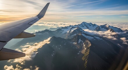 Airplane wing overlooks snow-capped mountains above clouds at sunrise.