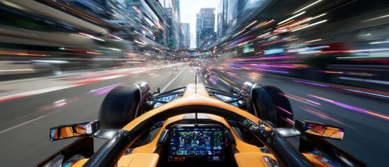 Cockpit POV of Formula One car racing through city streets with neon streaks. Concept of VR experience design, simulation marketing, game assets and emotional speed immersion.