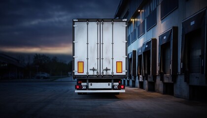 White truck trailer backed up to multiple loading docks at a dimly lit warehouse at dusk, concept for logistics, shipping and supply chain.