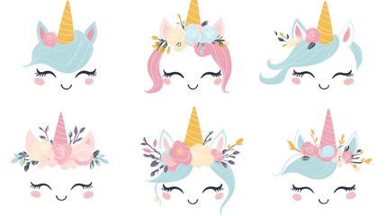 Six cute unicorn faces perfect for childrens books, party decorations, stationery, apparel, and more with whimsical and magical themes.
