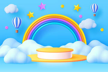 3d kids podium with sky clouds and rainbow, floating hot air balloons and twinkle stars. Cartoon vector background in cute childish toy style with round stage or pedestal under blue cloudy sky