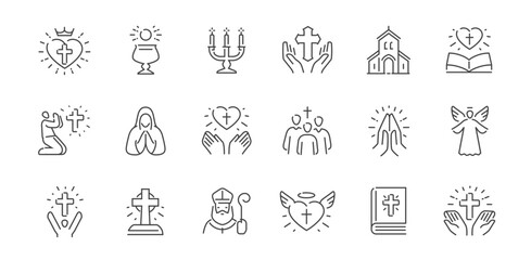 Christian religion line icon set. Faith concept. Holy bible book, spirituality, worship, prayer, church symbols