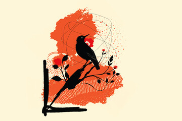 Abstract black bird sitting on floral branch with red ink splashes and grunge textures, modern graphic vector illustration symbolizing freedom, creativity and nature on light background.