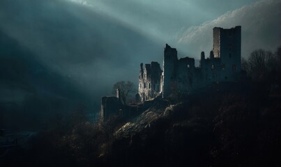 A castle is on a hill with a foggy sky