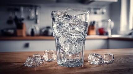 Clear Refreshing Drink With Ice Cubes On Wooden Countertop In Kitchen