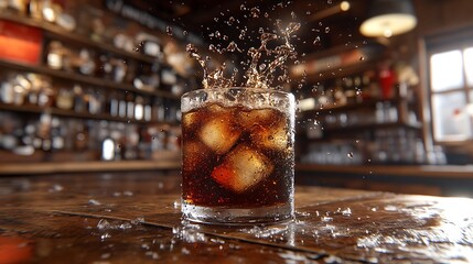 Cola splash with ice cubes in glass on a bar table.