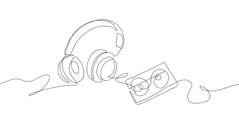 Headphones and cassette tape in one continuous line simple linear style. Doodle vector illustration Editable stroke.