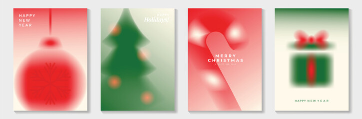 Merry Christmas and Happy New Year vector blur gradient holiday illustration with soft red and green festive elements including bauble, Christmas tree, candy cane and gift box. 