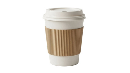 Beige paper coffee cup with lid and cardboard sleeve isolated PNG, hot beverage container for cafe and takeaway