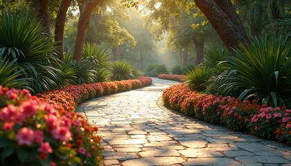 Stone pathway winds through lush garden with vibrant flowers and green plants. Sunlight streams through trees, creating serene and inviting atmosphere. This tranquil scene suggests peaceful walk.