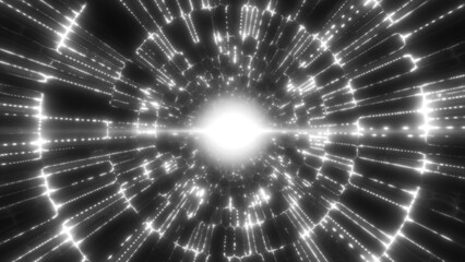Abstract white glowing tunnel with light particles forming a futuristic energy vortex in motion