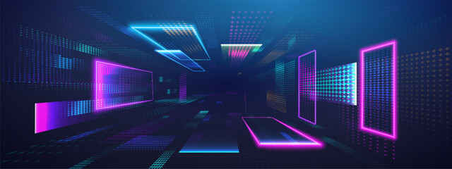 AI quantum tunnel background with data 3D abstract dots for digital tech. Grid code squares and blue portal perspective with a matrix neon aesthetic. 