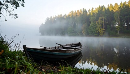 Misty lake scene with a wooden boat
