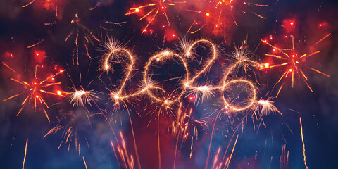happy new year, new year's eve, silvester, new years eve, sparklers celebration greeting card, new year card - Year 2026 in sparkler font and firework fireworks pyrotechnic, blue night sky background 