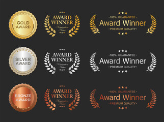 Number 1 award winner, Best Quality Luxury Gold Bronze Silver badge premium emblem isolated on black background stock illustration 
