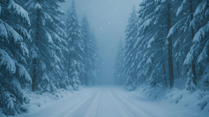winter road through forest with snowfall snowy pine trees and cold winter landscape outdoors