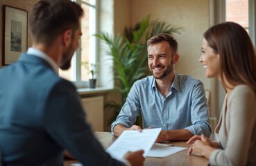 Couple meets with real estate agent in office. Smiling man and woman discuss property purchase agreement. Realtor facilitates sale transaction for new home.