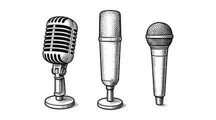 Vintage microphone illustrations in a detailed black and white line art style