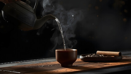 Cinematic still life of hot steam pouring water into a dark tea cup with coffee beans and cinnamon.