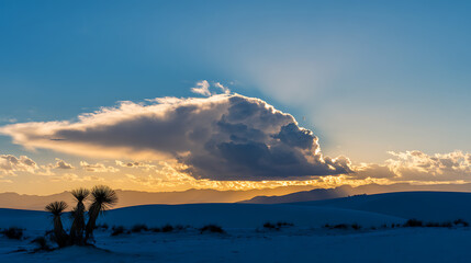 Majestic cloud formations over serene white sands at sunset, silhouetting desert foliage against a backdrop of distant mountains and brilliant crepuscular rays.