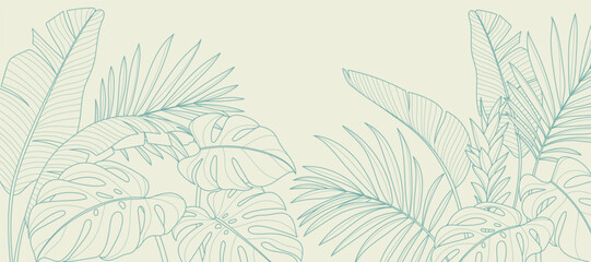 Tropical leaves background vector. Natural jungle monstera palm leaves design in minimal pale green color with contour line art. Design for fabric, print, cover, banner, decoration, wallpaper.